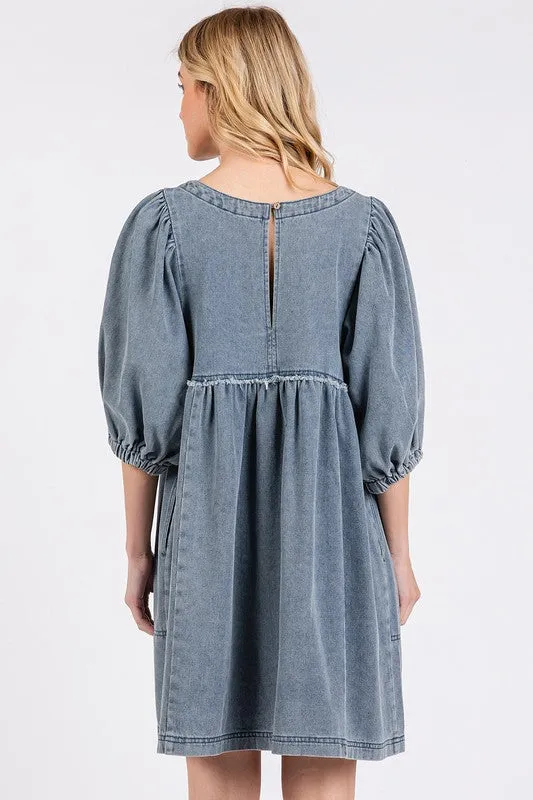 Washed Puff Sleeve Denim Dress