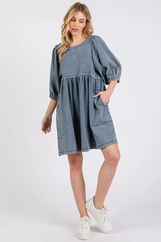 Washed Puff Sleeve Denim Dress
