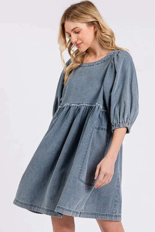 Washed Puff Sleeve Denim Dress