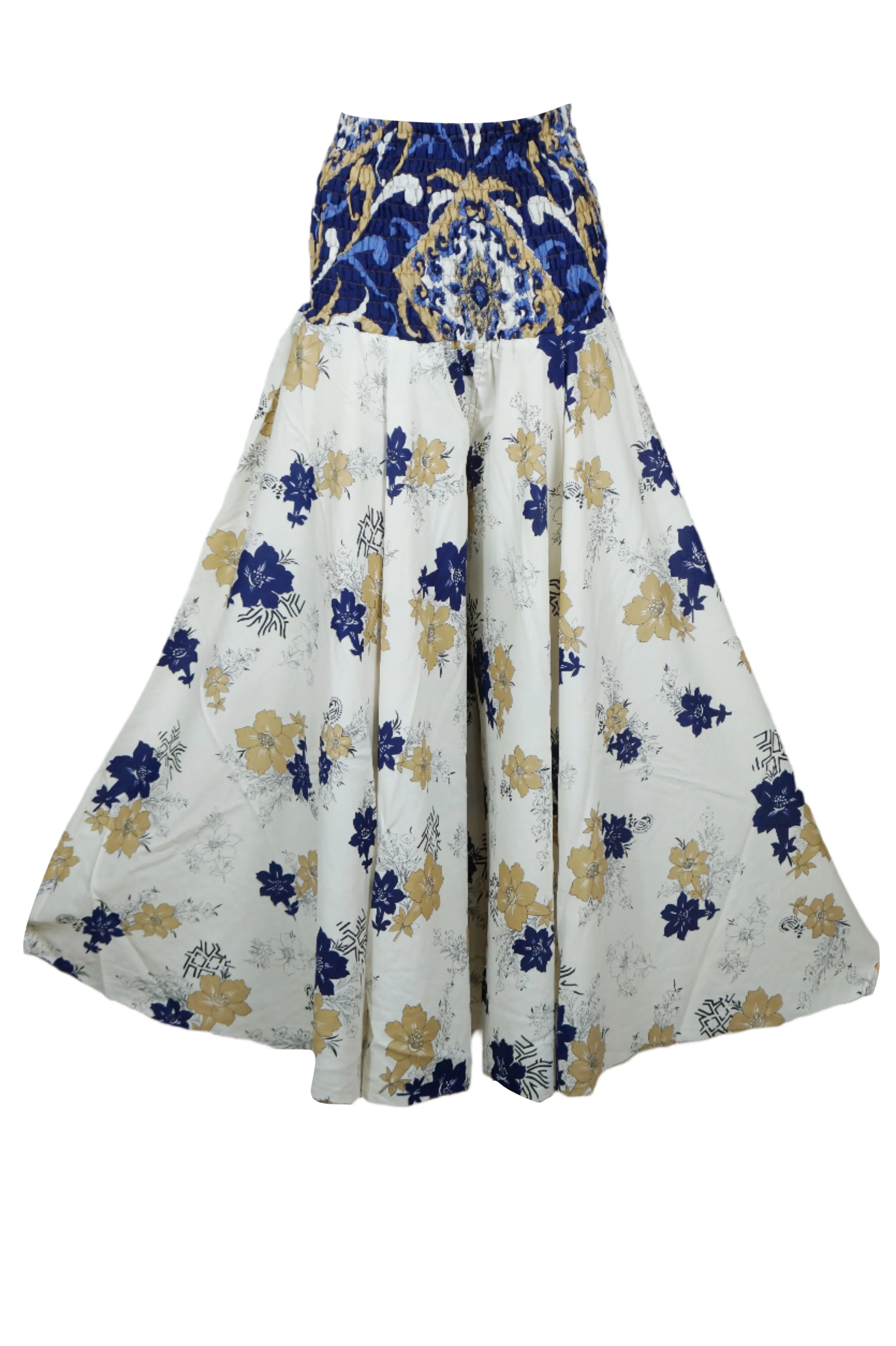 White & Blue Floral Boho Pants – Handmade Relaxed Wide-Leg Divided Trousers SM