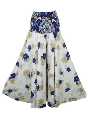 White & Blue Floral Boho Pants – Handmade Relaxed Wide-Leg Divided Trousers SM