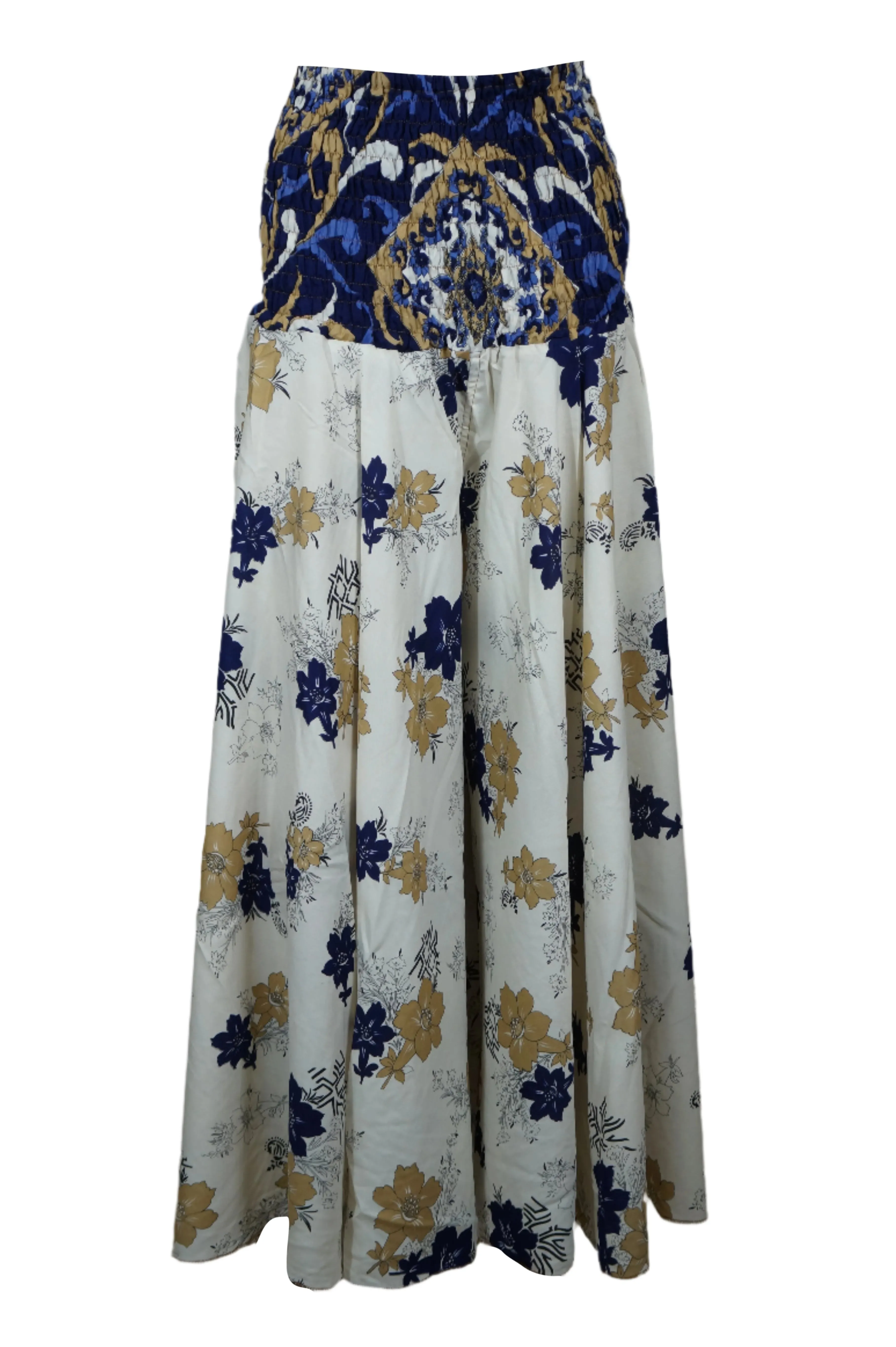 White & Blue Floral Boho Pants – Handmade Relaxed Wide-Leg Divided Trousers SM