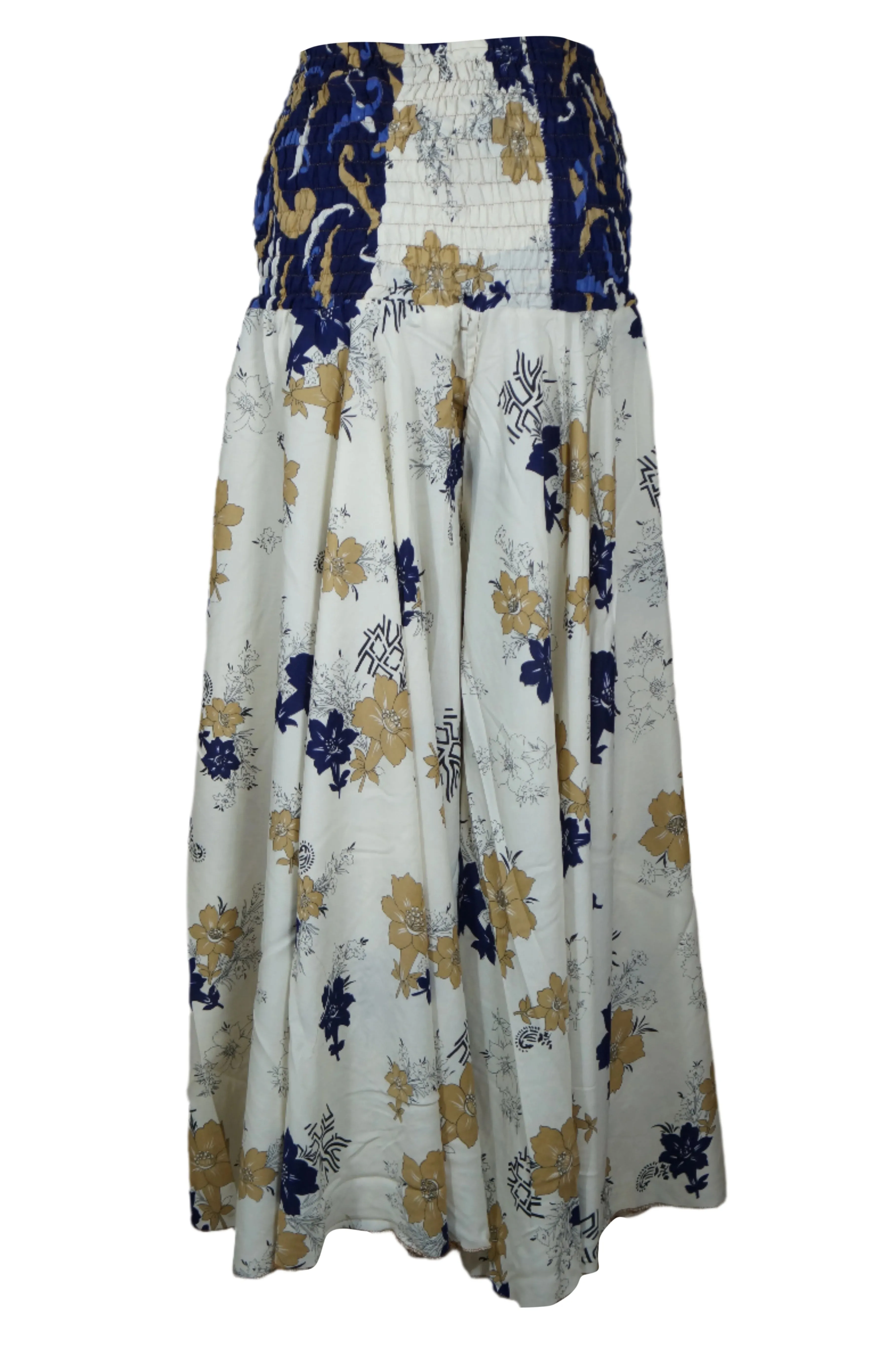 White & Blue Floral Boho Pants – Handmade Relaxed Wide-Leg Divided Trousers SM