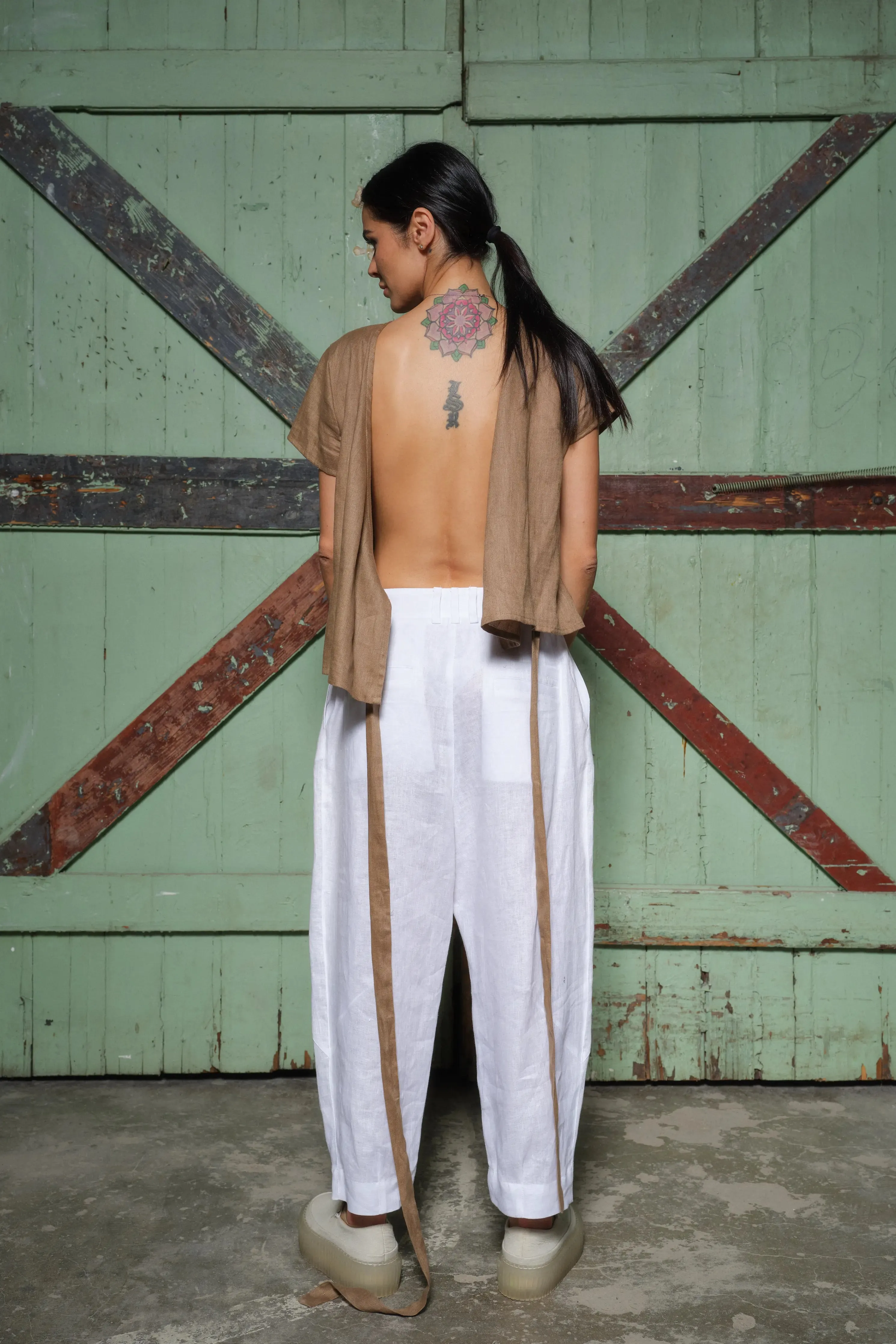 White Linen Japanese Style Pegged Pants with Unique Belt Loops