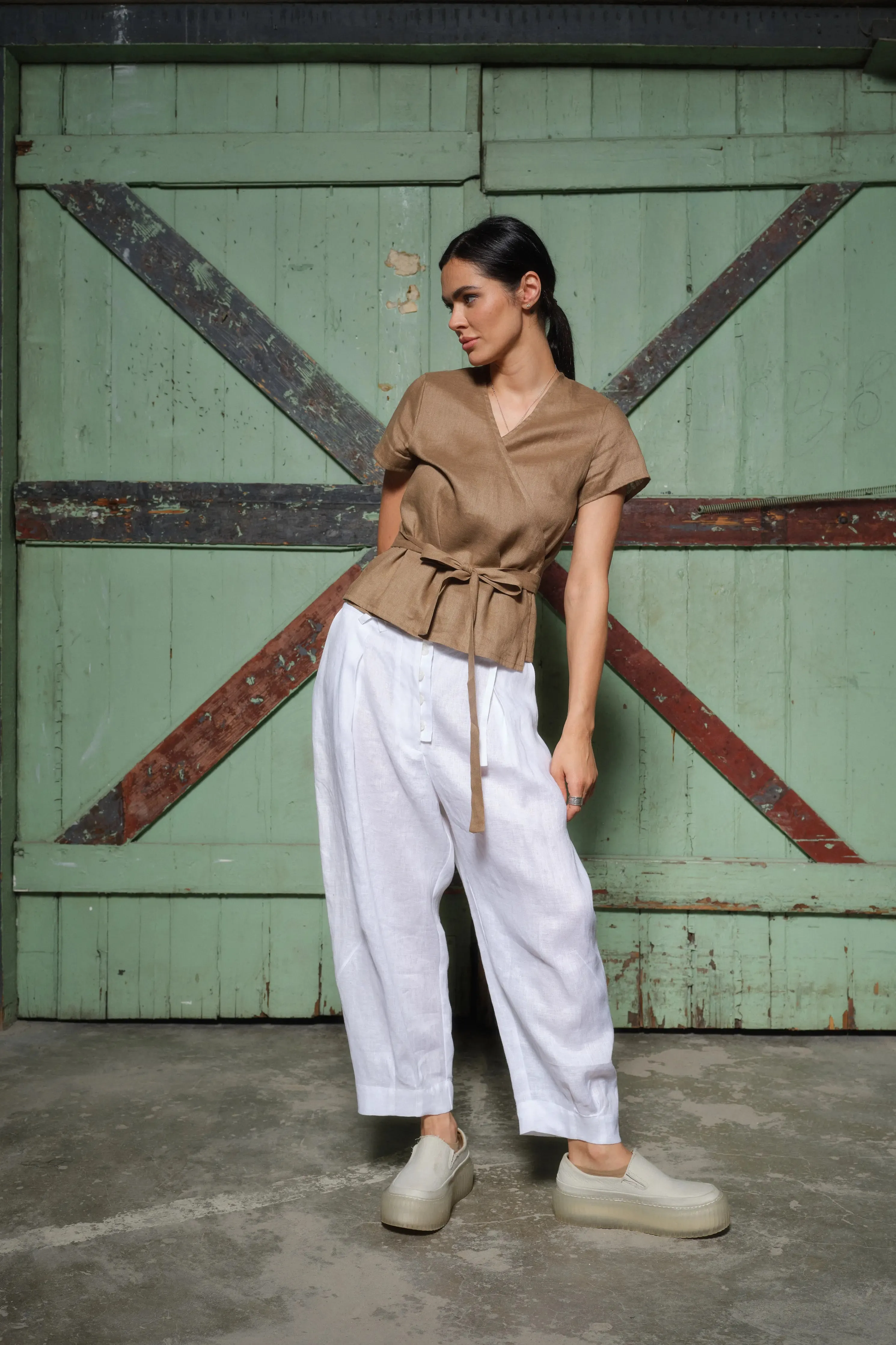White Linen Japanese Style Pegged Pants with Unique Belt Loops