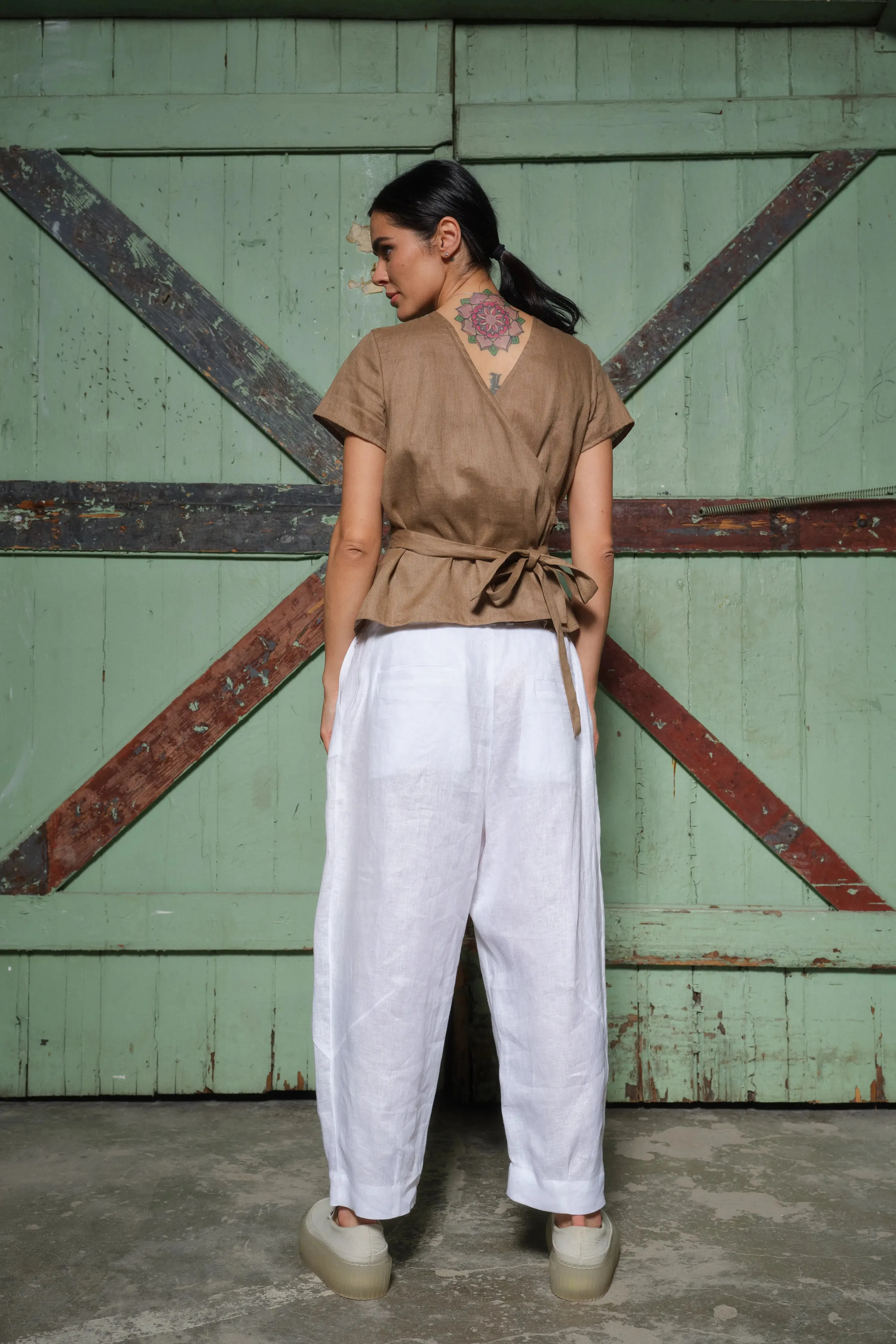 White Linen Japanese Style Pegged Pants with Unique Belt Loops