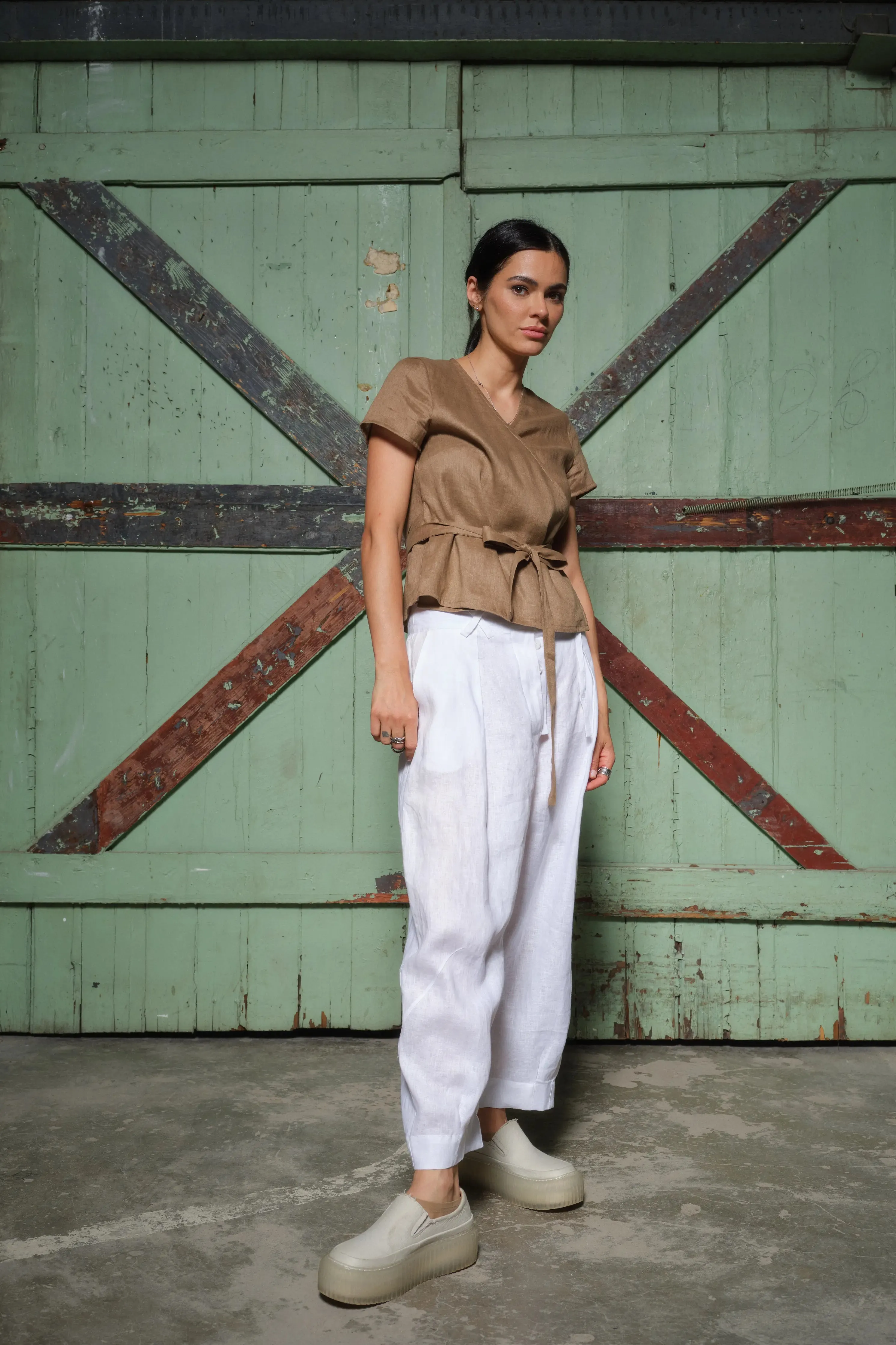 White Linen Japanese Style Pegged Pants with Unique Belt Loops