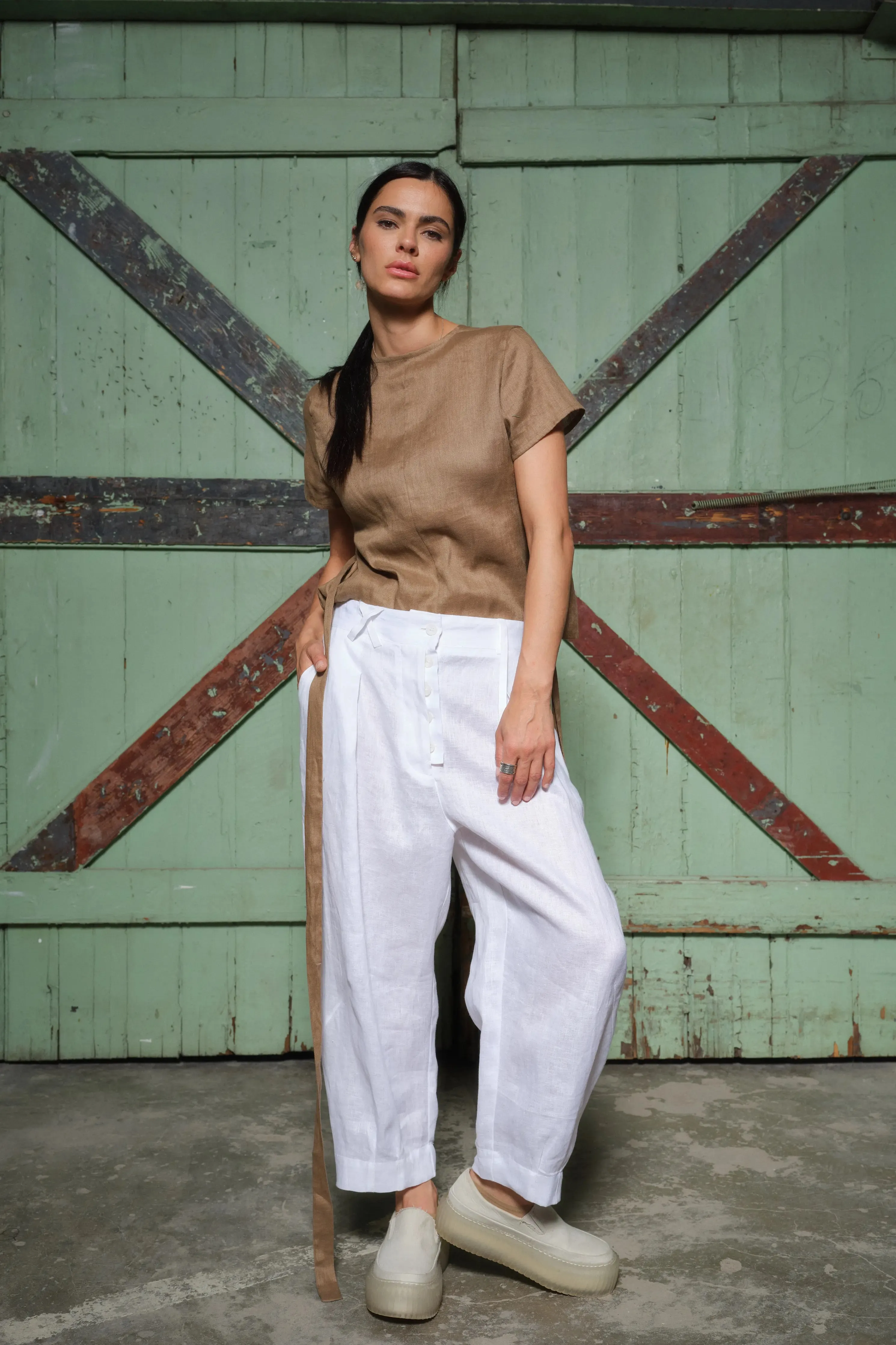 White Linen Japanese Style Pegged Pants with Unique Belt Loops
