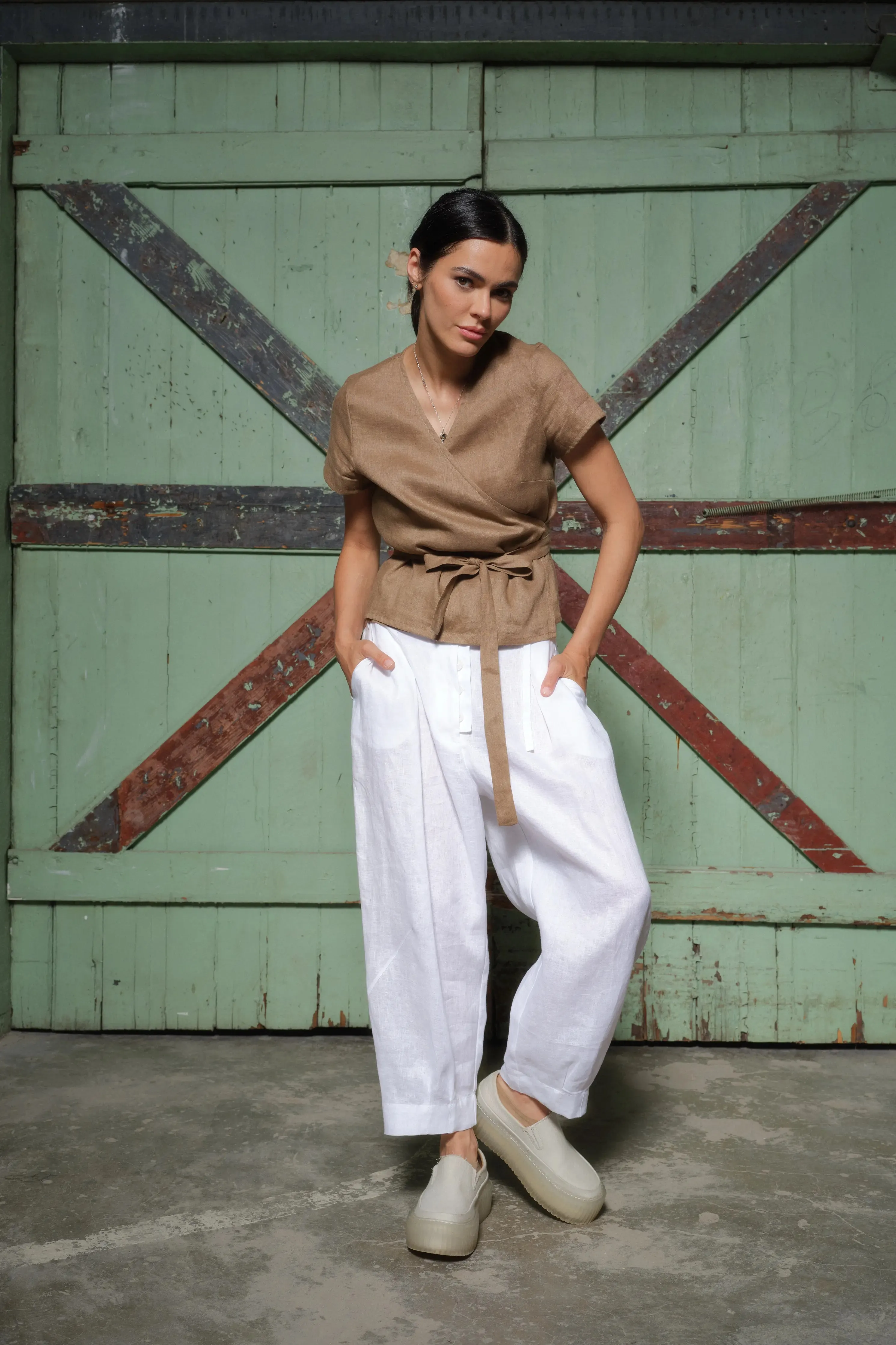 White Linen Japanese Style Pegged Pants with Unique Belt Loops
