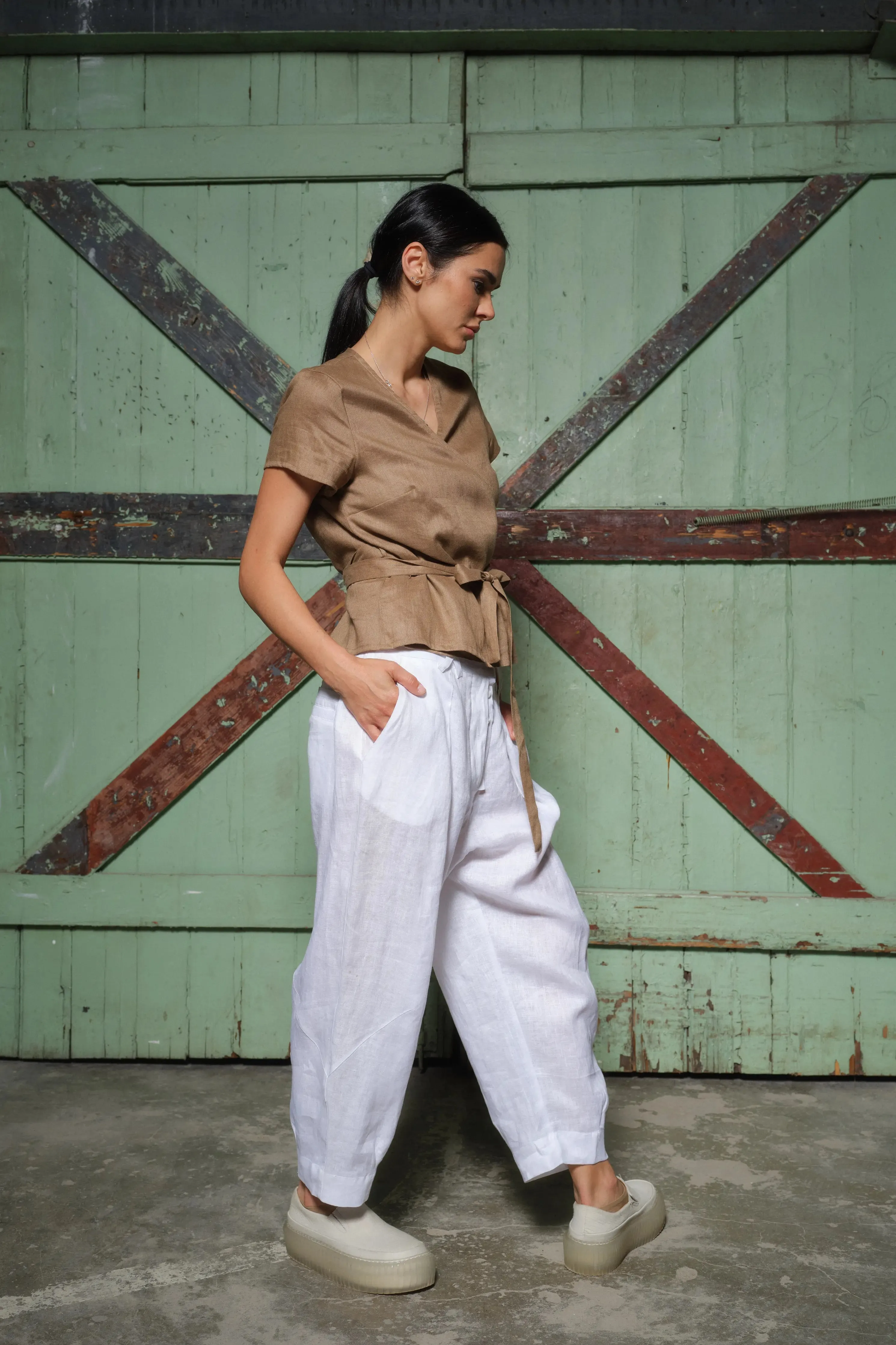 White Linen Japanese Style Pegged Pants with Unique Belt Loops