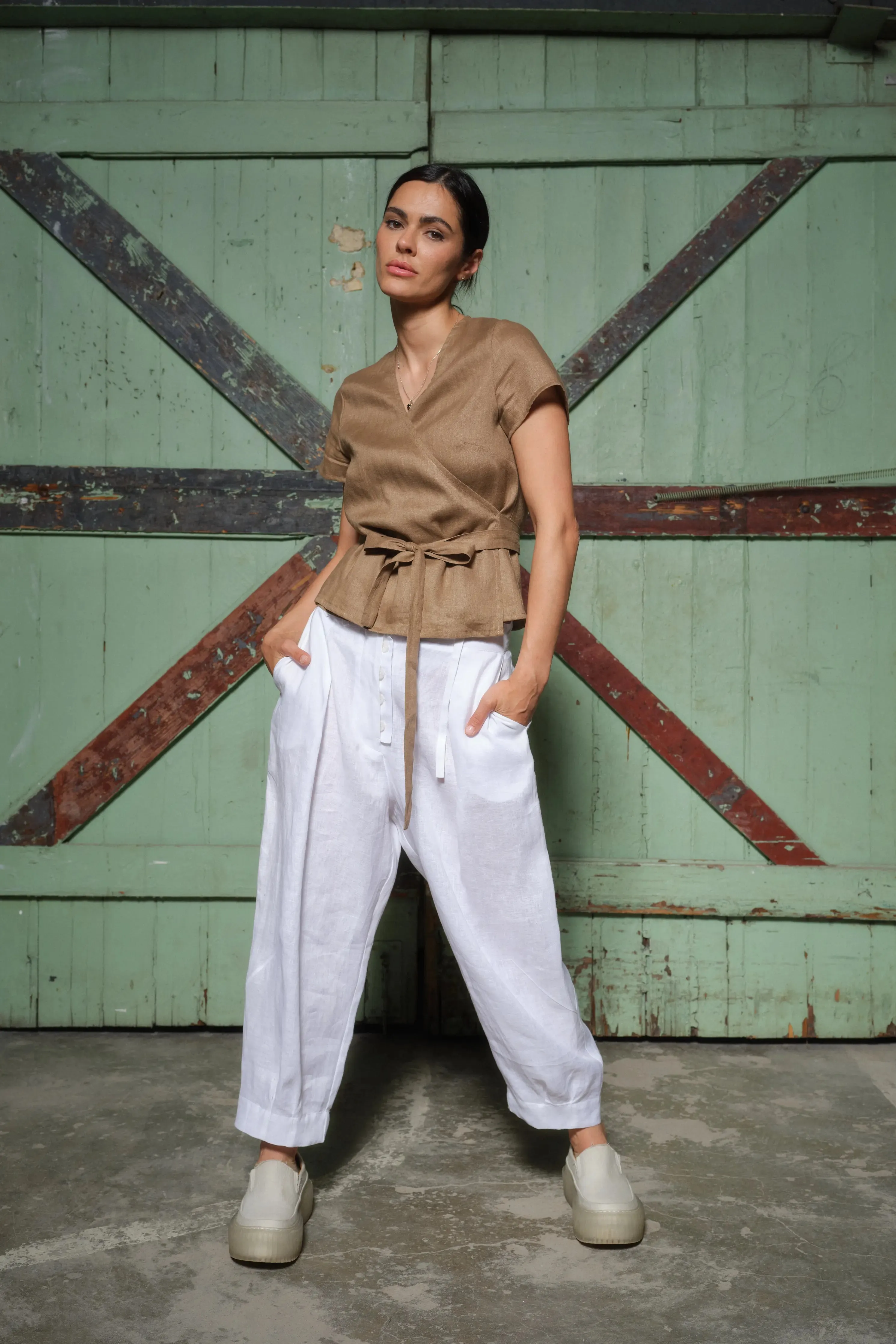 White Linen Japanese Style Pegged Pants with Unique Belt Loops