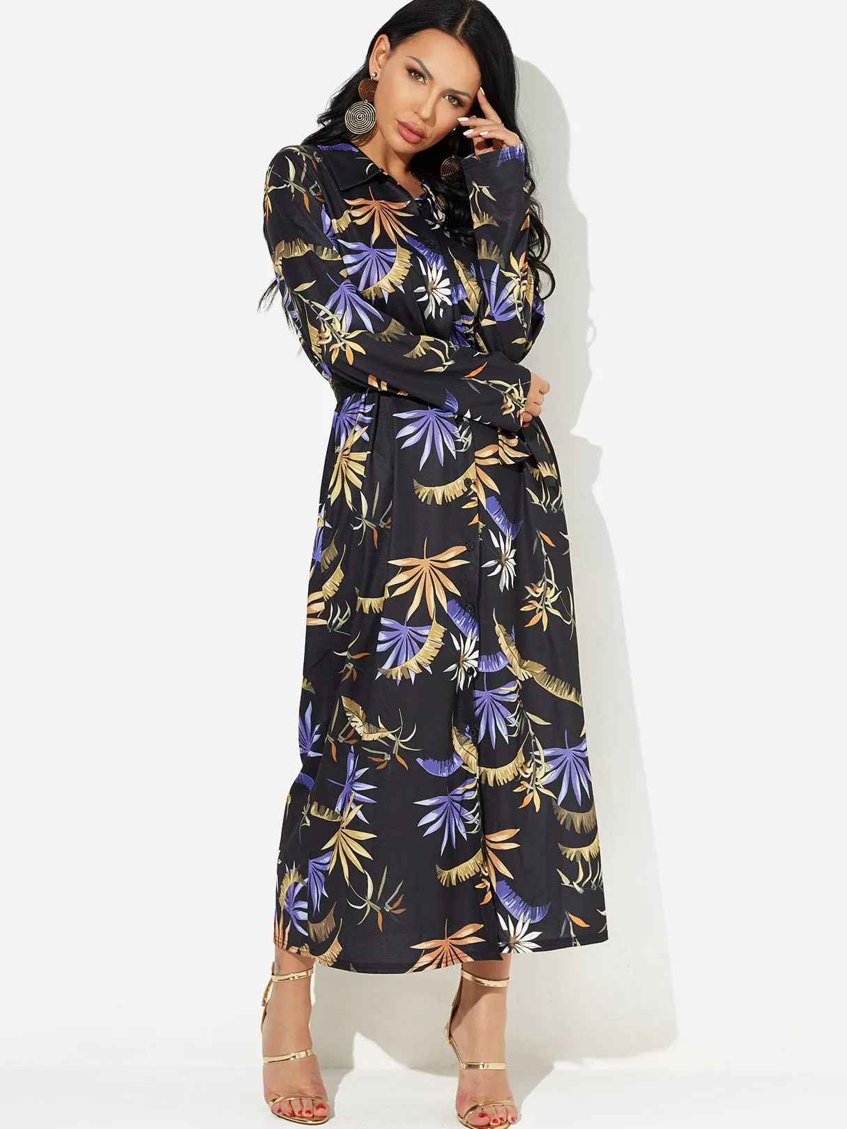 Wholesale Black Classic Collar Long Sleeve Floral Print Self-Tie Slit Hem Dress