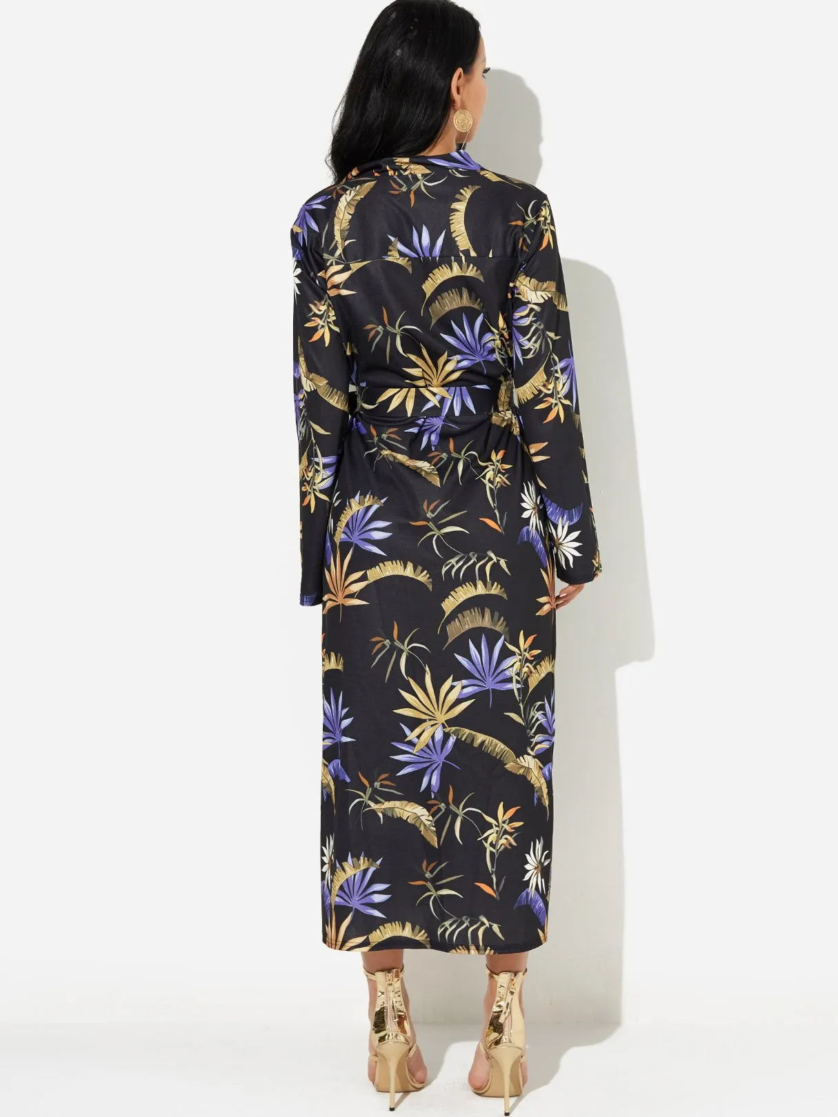Wholesale Black Classic Collar Long Sleeve Floral Print Self-Tie Slit Hem Dress