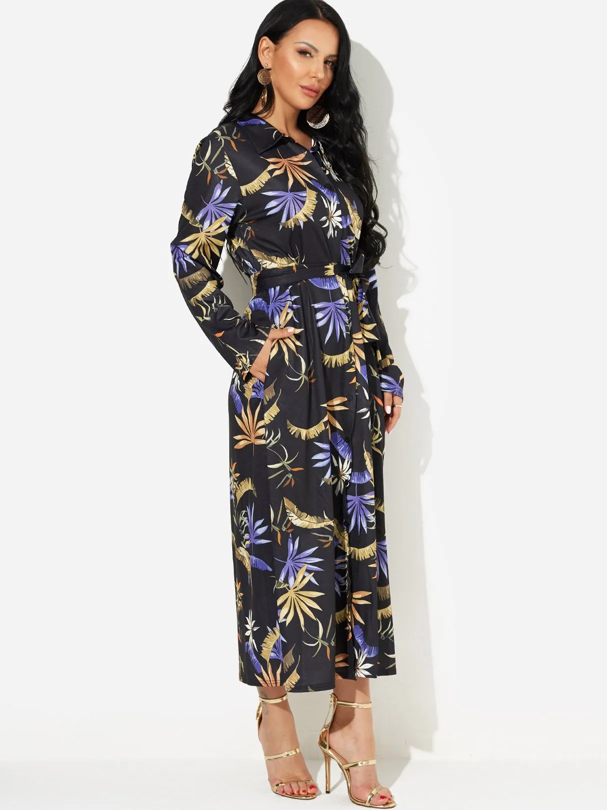 Wholesale Black Classic Collar Long Sleeve Floral Print Self-Tie Slit Hem Dress