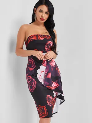 Wholesale Black Tube Top Sleeveless Floral Print Backless Stitching Ruffle Hem Dresses