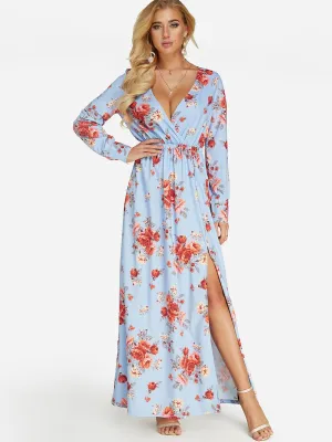 Wholesale Blue Deep V Neck Long Sleeve Floral Print Wrap Slit Hem Dresses