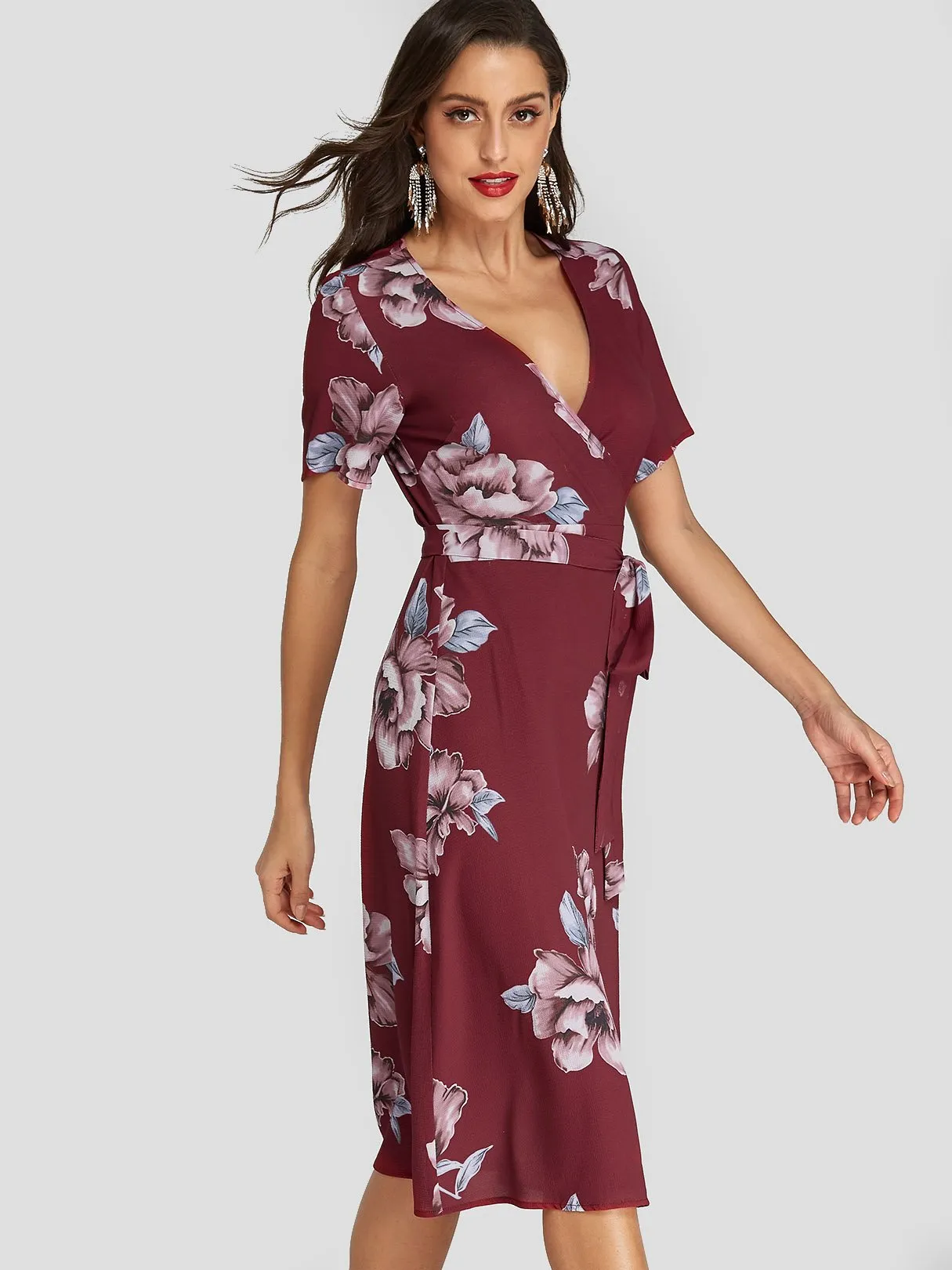 Wholesale Burgundy V-Neck Short Sleeve Floral Print Crossed Front Belt Wrap Dresses