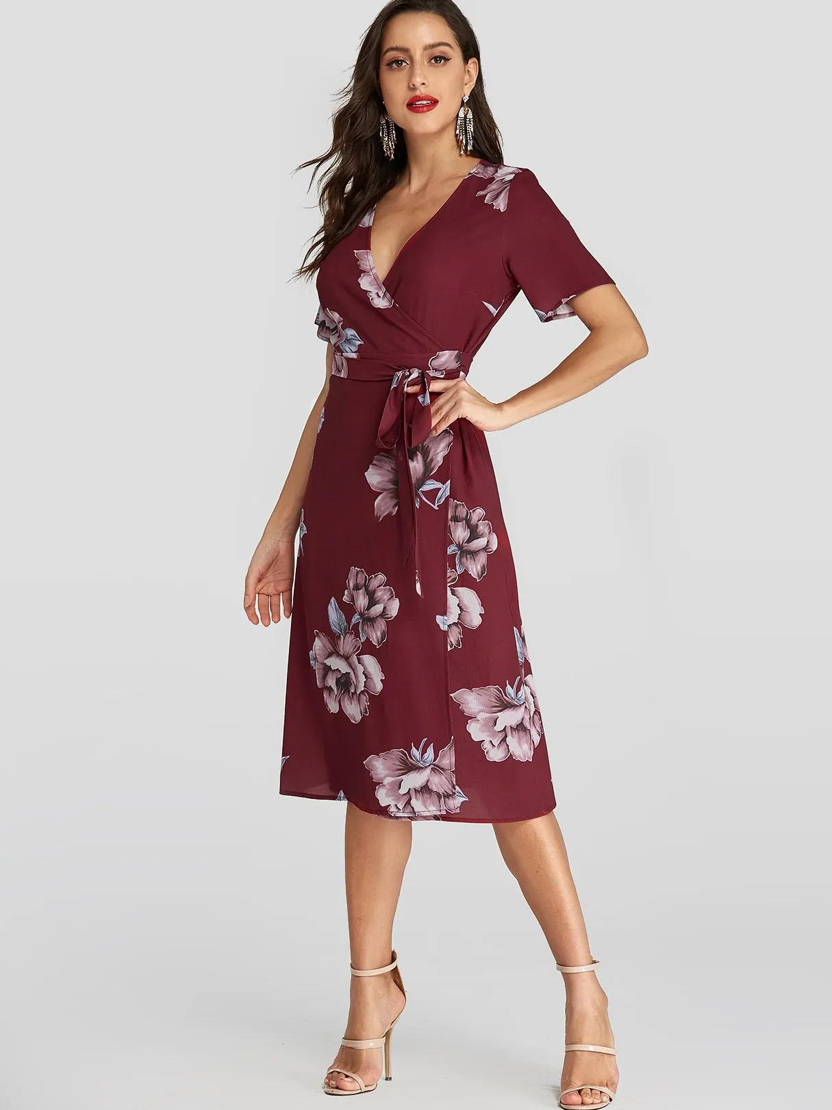 Wholesale Burgundy V-Neck Short Sleeve Floral Print Crossed Front Belt Wrap Dresses