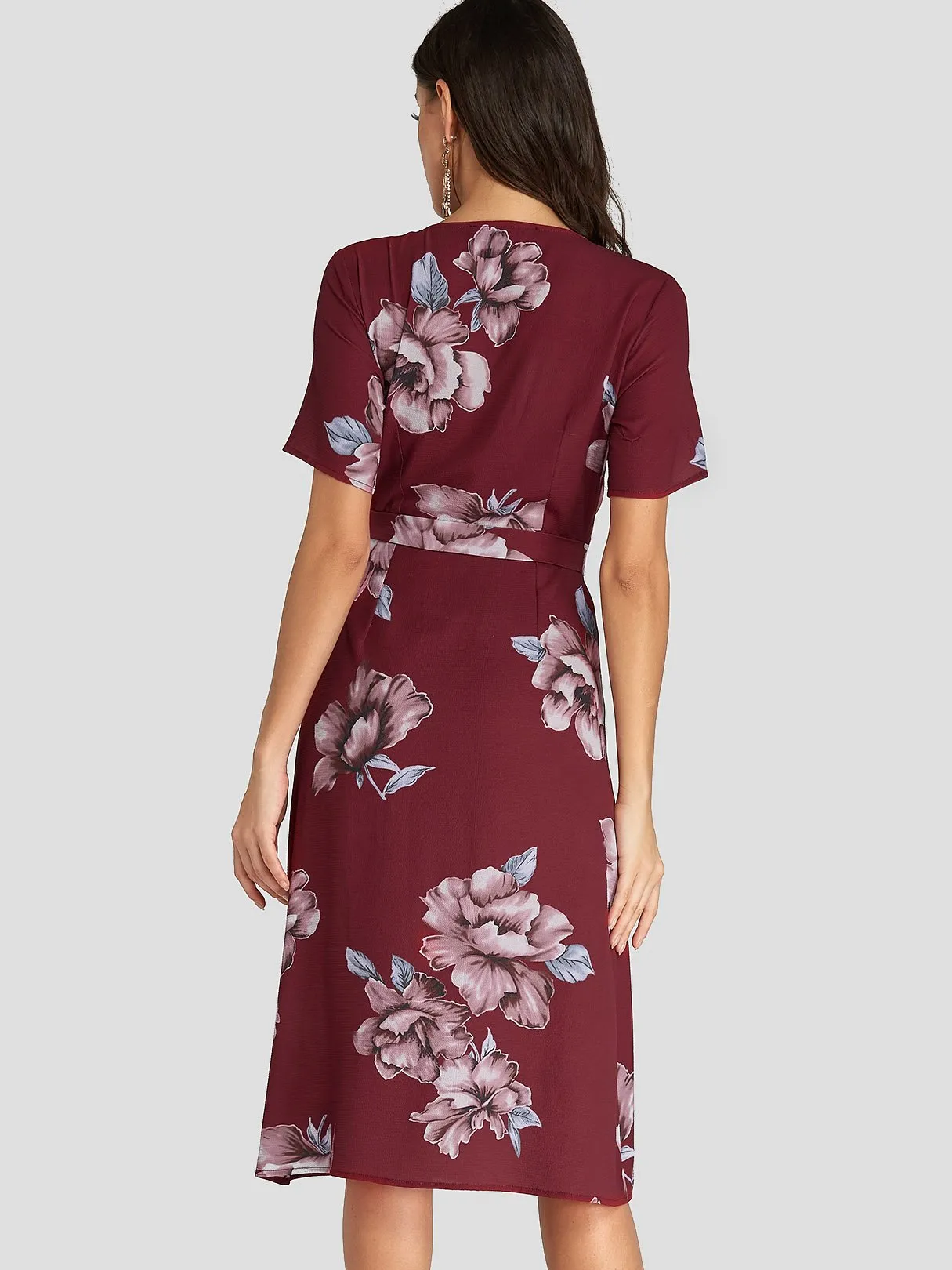 Wholesale Burgundy V-Neck Short Sleeve Floral Print Crossed Front Belt Wrap Dresses