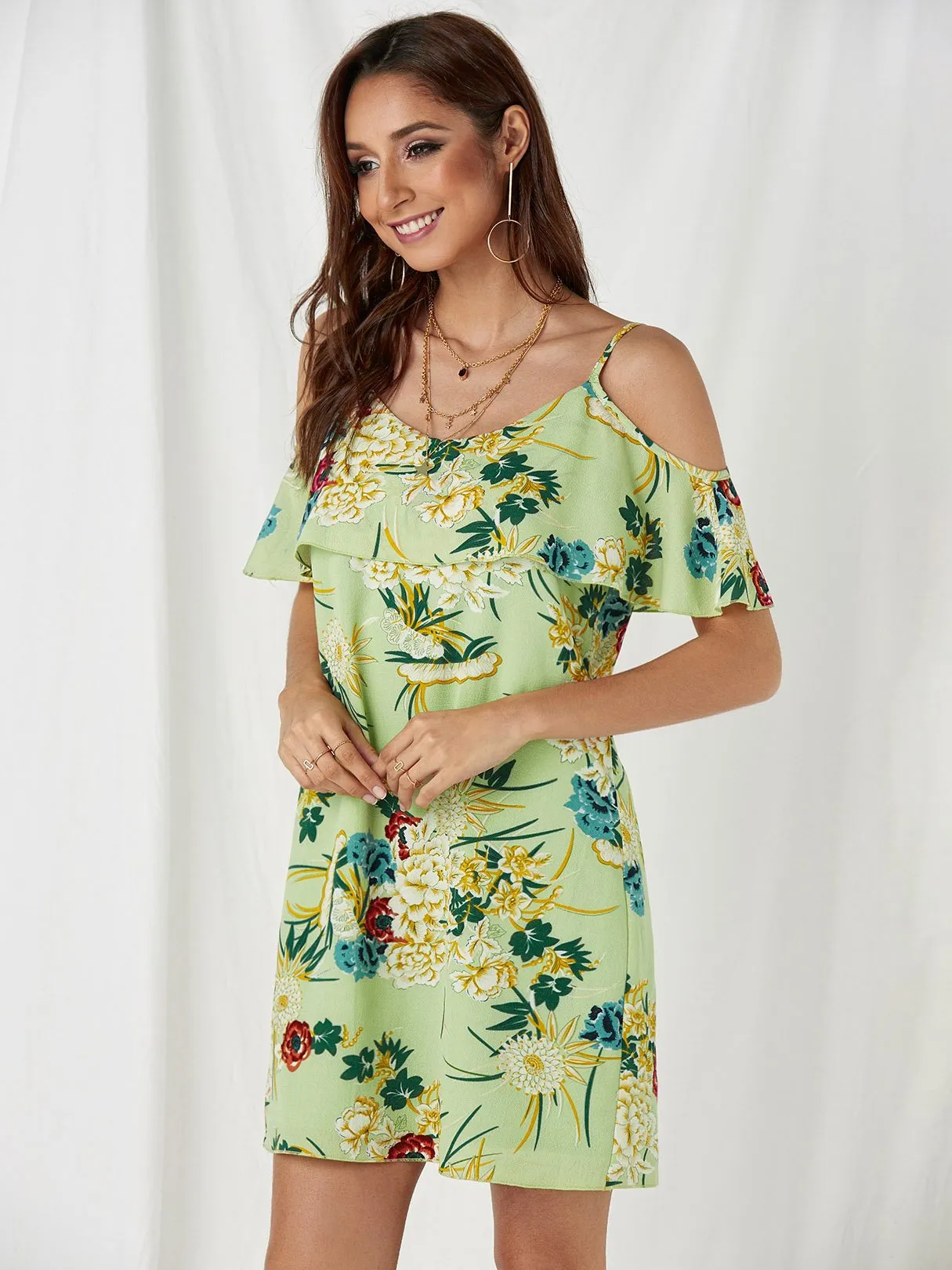 Wholesale Green Cold Shoulder Sleeveless Floral Print Spaghetti Strap Dresses