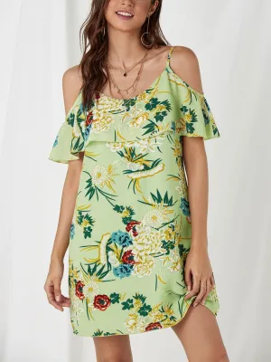 Wholesale Green Cold Shoulder Sleeveless Floral Print Spaghetti Strap Dresses