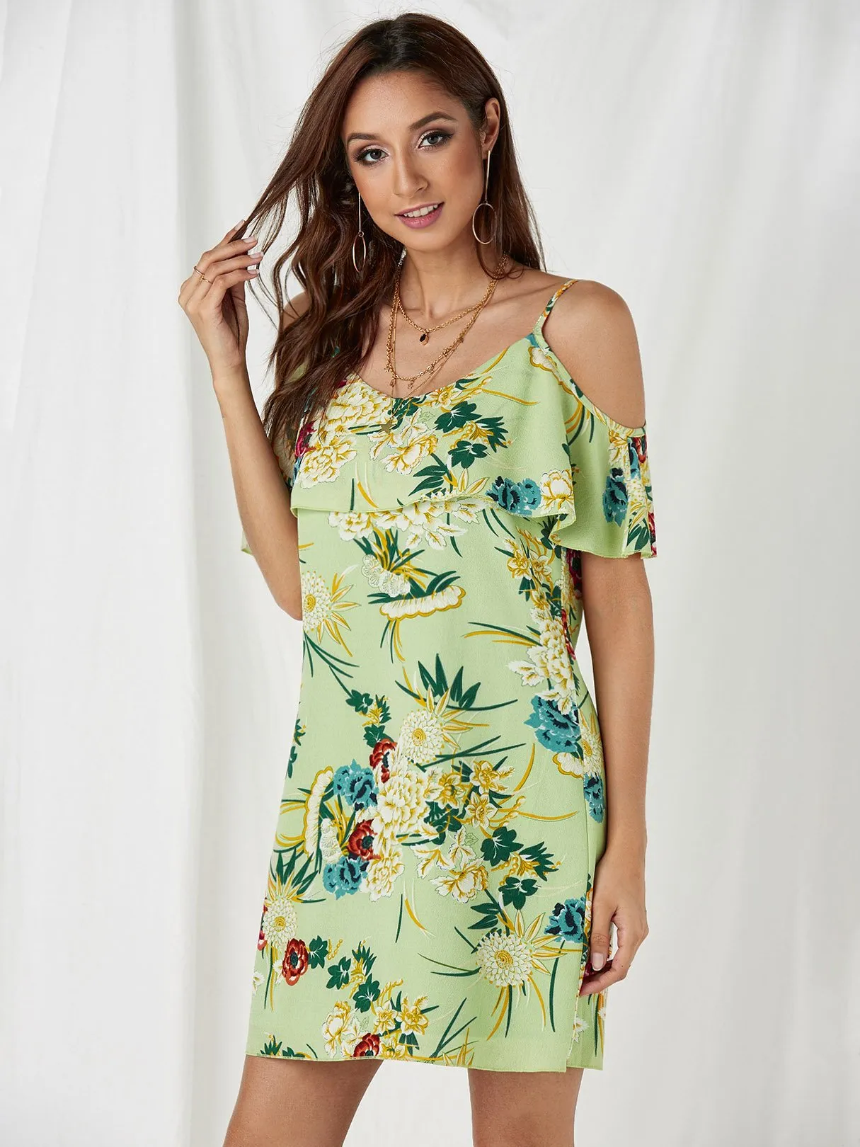 Wholesale Green Cold Shoulder Sleeveless Floral Print Spaghetti Strap Dresses