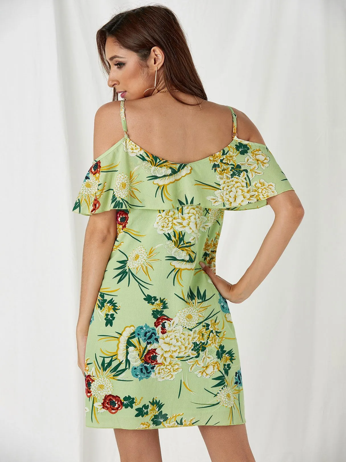 Wholesale Green Cold Shoulder Sleeveless Floral Print Spaghetti Strap Dresses