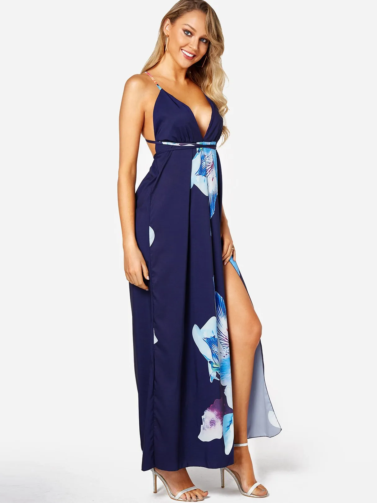 Wholesale Navy Deep V Neck Sleeveless Floral Print Backless Lace-Up Slit Dress