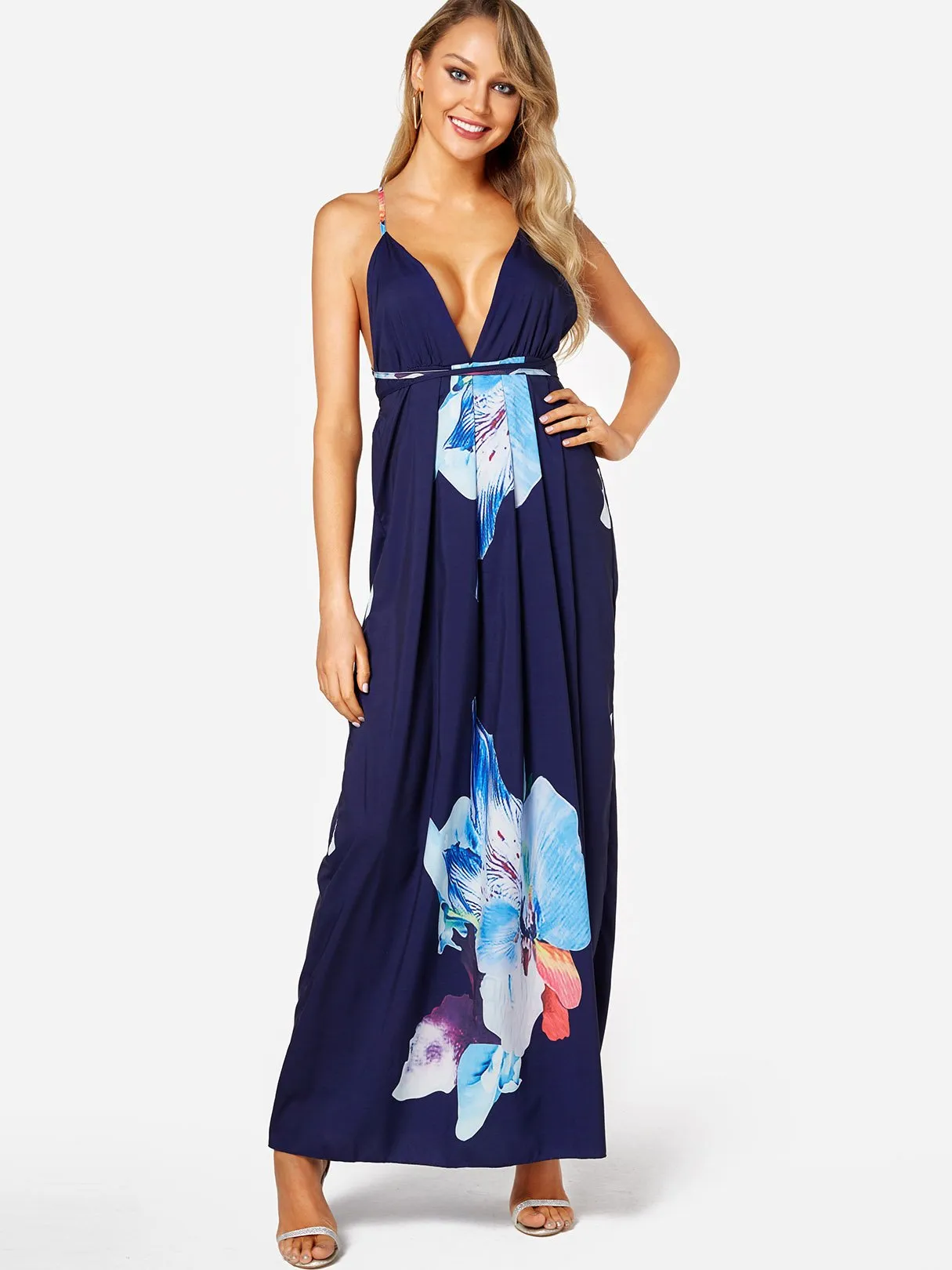 Wholesale Navy Deep V Neck Sleeveless Floral Print Backless Lace-Up Slit Dress