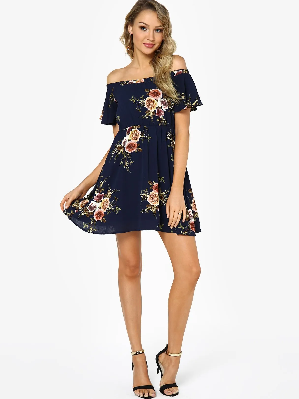 Wholesale Navy Off The Shoulder Short Sleeve Floral Print Flounced Hem Dresses