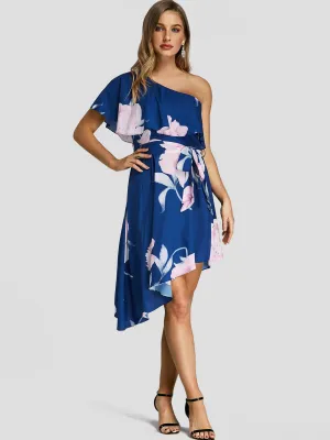 Wholesale Navy One Shoulder Floral Print Tiered Belt Irregular Hem Dresses
