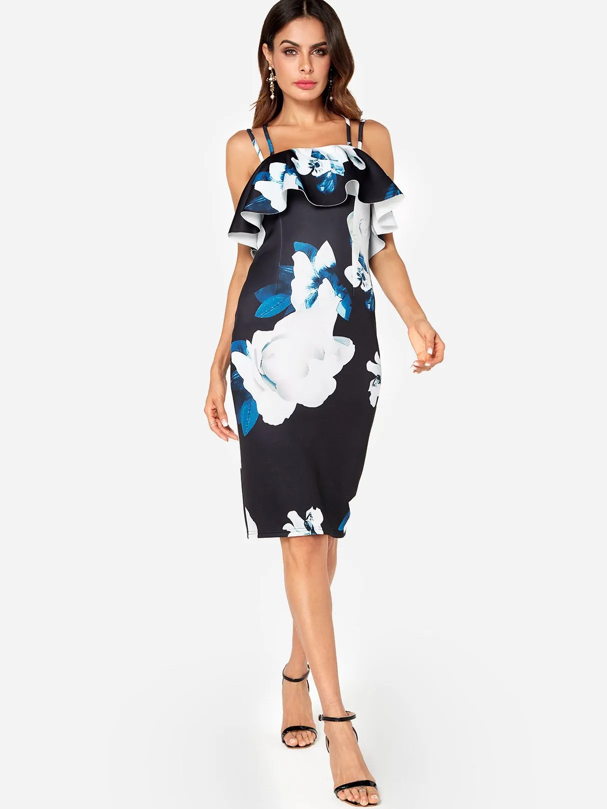 Wholesale Navy Sleeveless Floral Print Backless Spaghetti Strap Criss-Cross Dresses