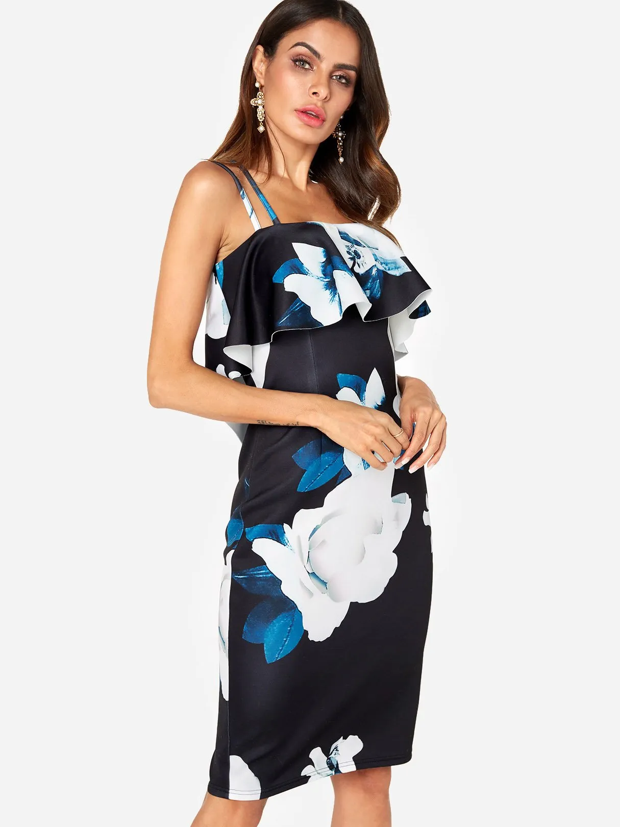 Wholesale Navy Sleeveless Floral Print Backless Spaghetti Strap Criss-Cross Dresses