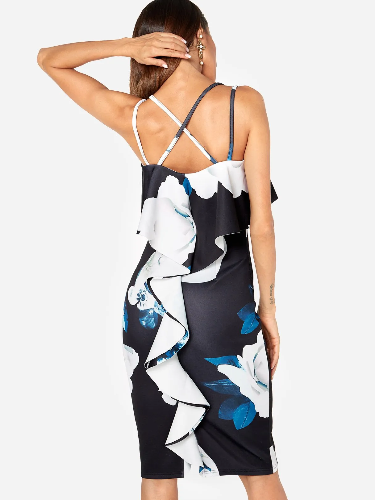 Wholesale Navy Sleeveless Floral Print Backless Spaghetti Strap Criss-Cross Dresses