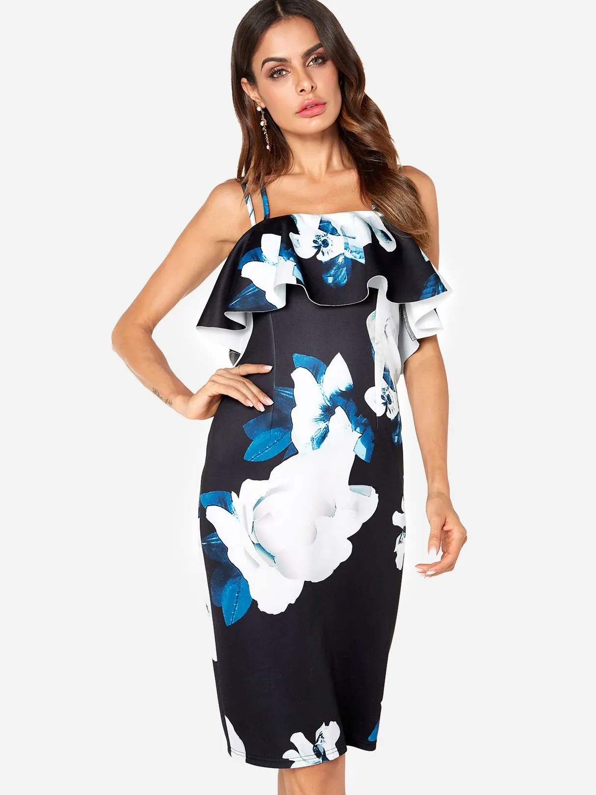 Wholesale Navy Sleeveless Floral Print Backless Spaghetti Strap Criss-Cross Dresses