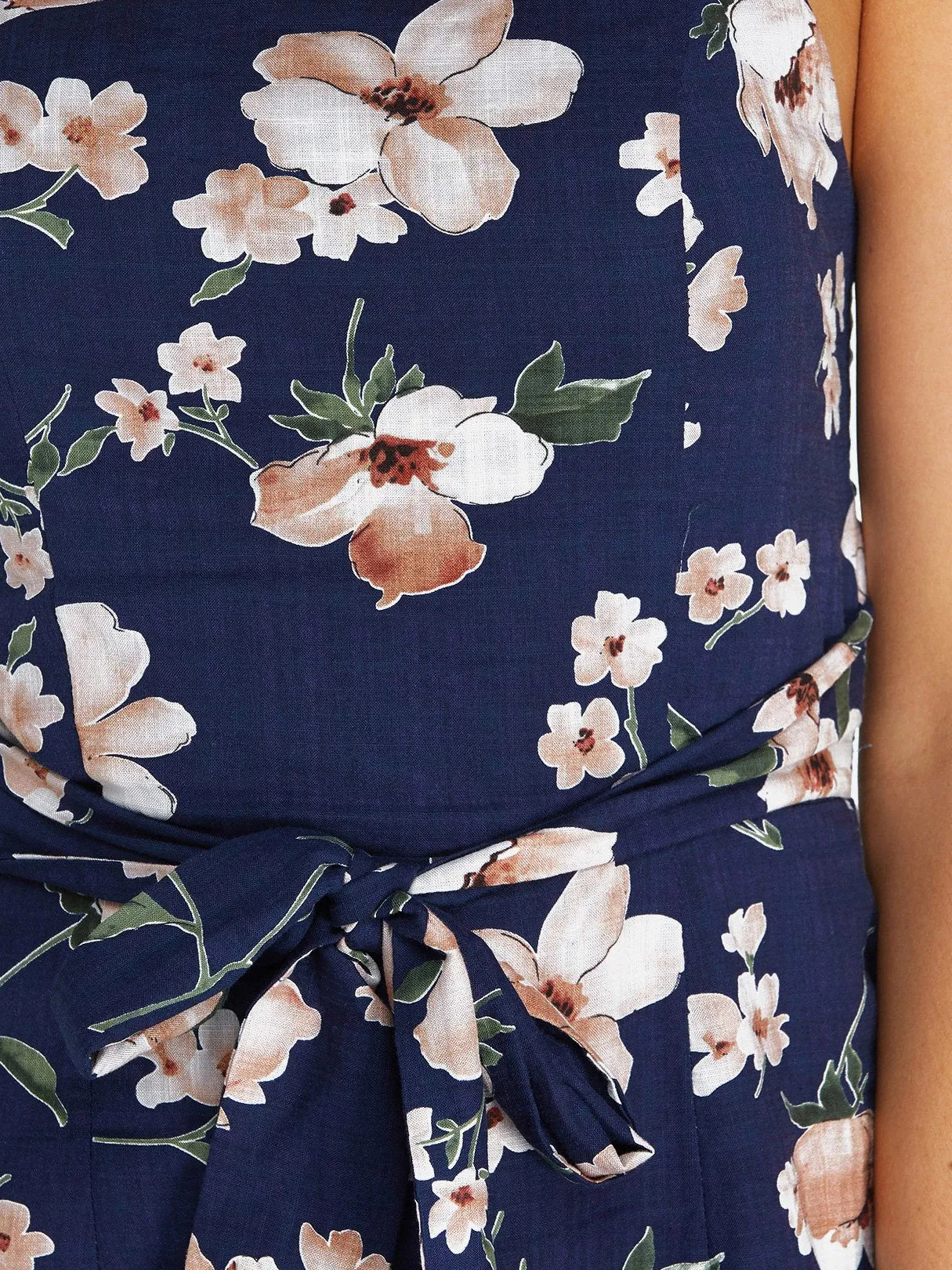 Wholesale Navy Square Neck Sleeveless Floral Print Spaghetti Strap Self-Tie Flounced Hem Dress