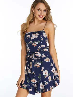 Wholesale Navy Square Neck Sleeveless Floral Print Spaghetti Strap Self-Tie Flounced Hem Dress