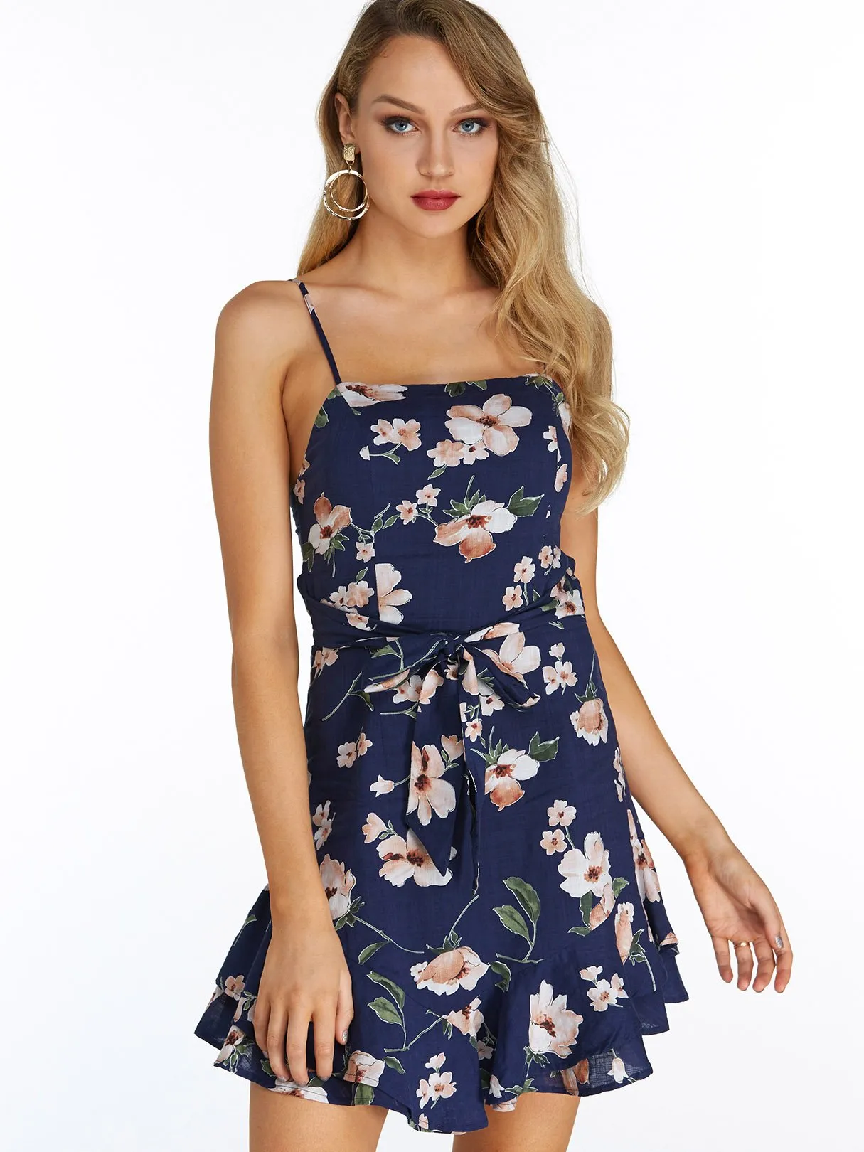 Wholesale Navy Square Neck Sleeveless Floral Print Spaghetti Strap Self-Tie Flounced Hem Dress