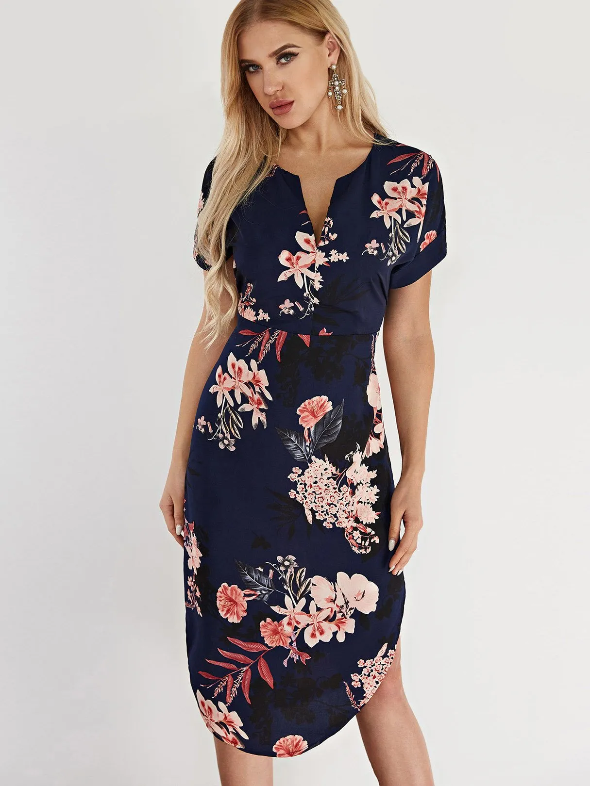 Wholesale Navy V-Neck Short Sleeve Floral Print Lace-Up Curved Hem Dress