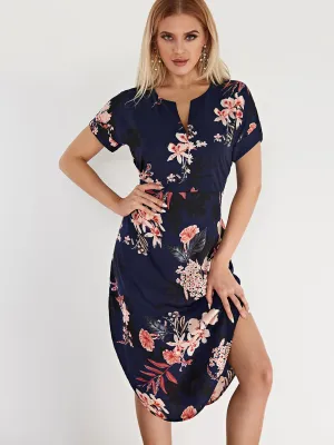 Wholesale Navy V-Neck Short Sleeve Floral Print Lace-Up Curved Hem Dress