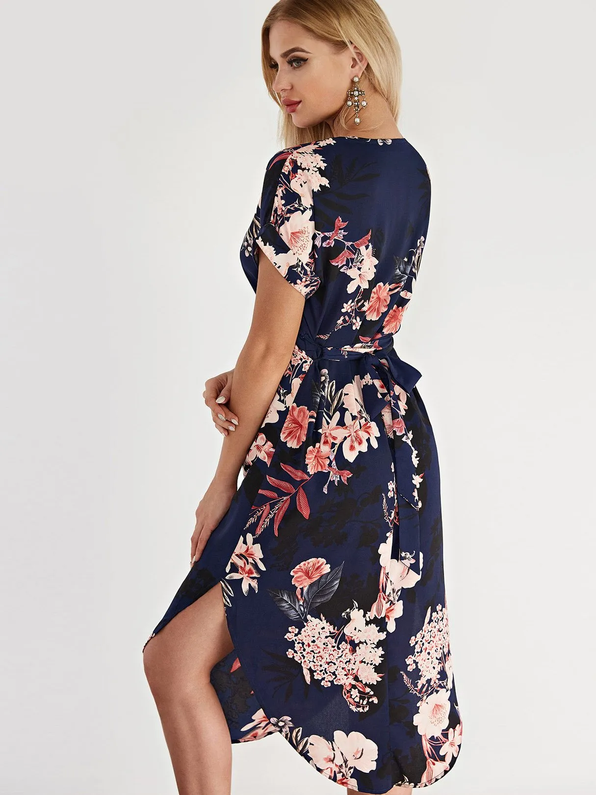 Wholesale Navy V-Neck Short Sleeve Floral Print Lace-Up Curved Hem Dress