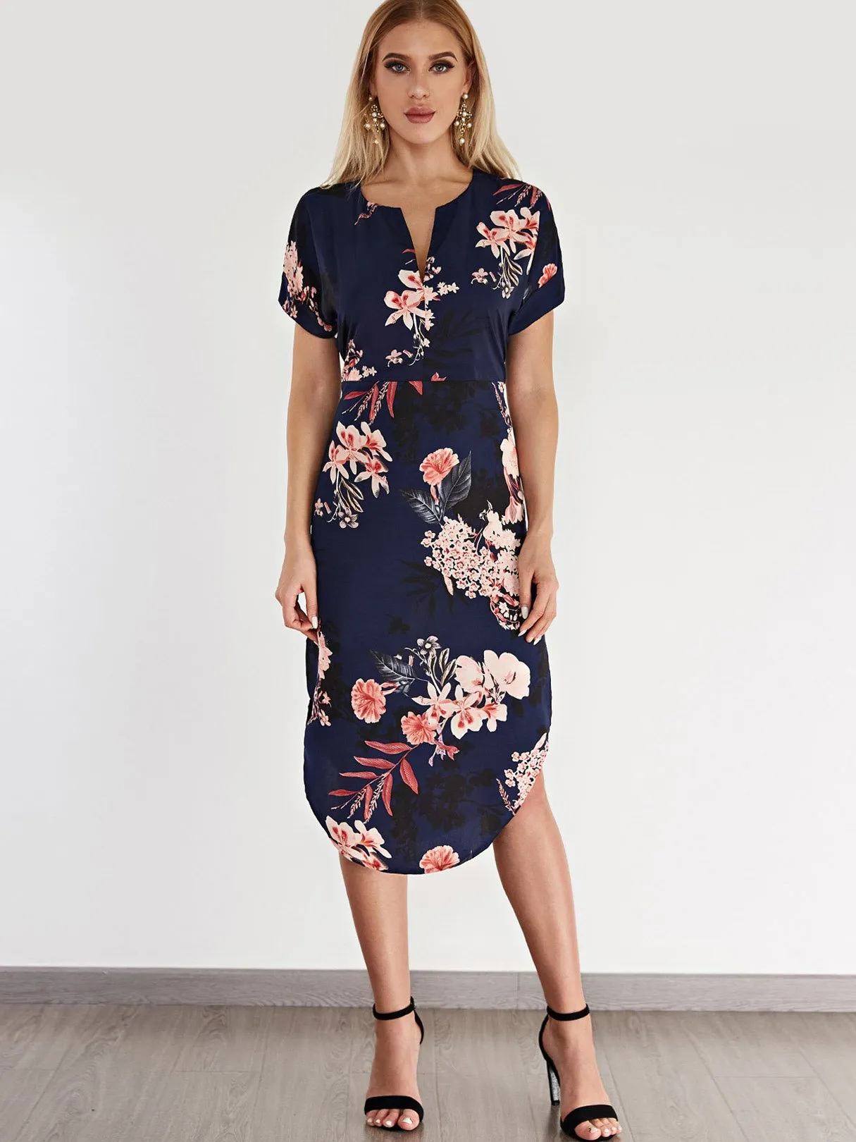 Wholesale Navy V-Neck Short Sleeve Floral Print Lace-Up Curved Hem Dress