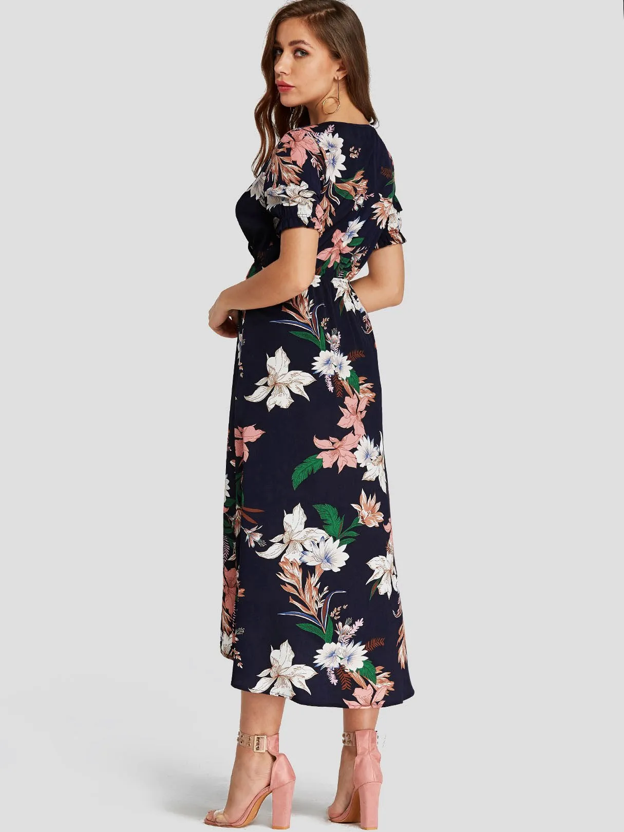 Wholesale Navy V-Neck Short Sleeve Floral Print Wrap Curved Hem Dresses