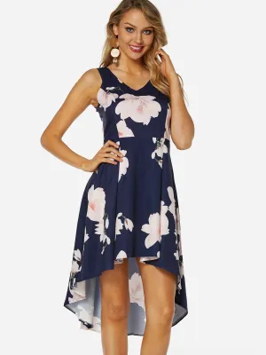 Wholesale Navy V-Neck Sleeveless Floral Print Zip Back High-Low Hem Dresses