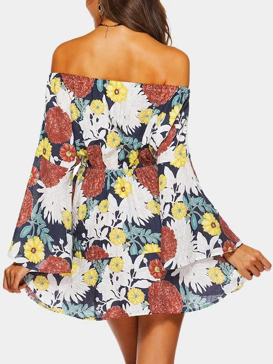 Wholesale Off The Shoulder Floral Print Lace-Up Long Sleeve Dress