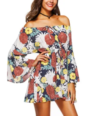 Wholesale Off The Shoulder Floral Print Lace-Up Long Sleeve Dress