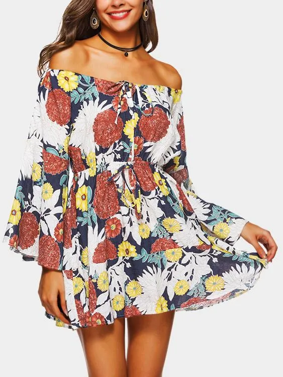 Wholesale Off The Shoulder Floral Print Lace-Up Long Sleeve Dress