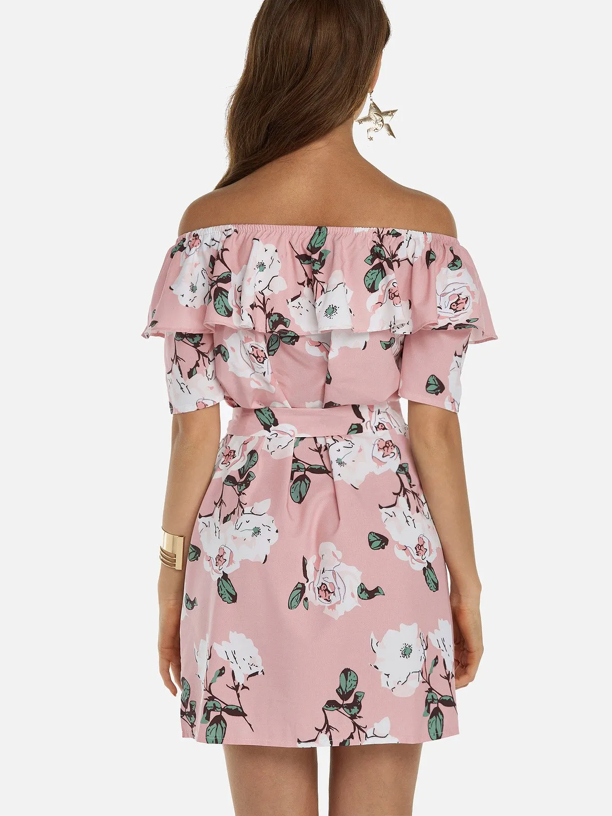 Wholesale Off The Shoulder Short Sleeve Floral Print Backless Self-Tie Flounced Hem Dresses
