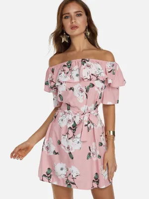Wholesale Off The Shoulder Short Sleeve Floral Print Backless Self-Tie Flounced Hem Dresses