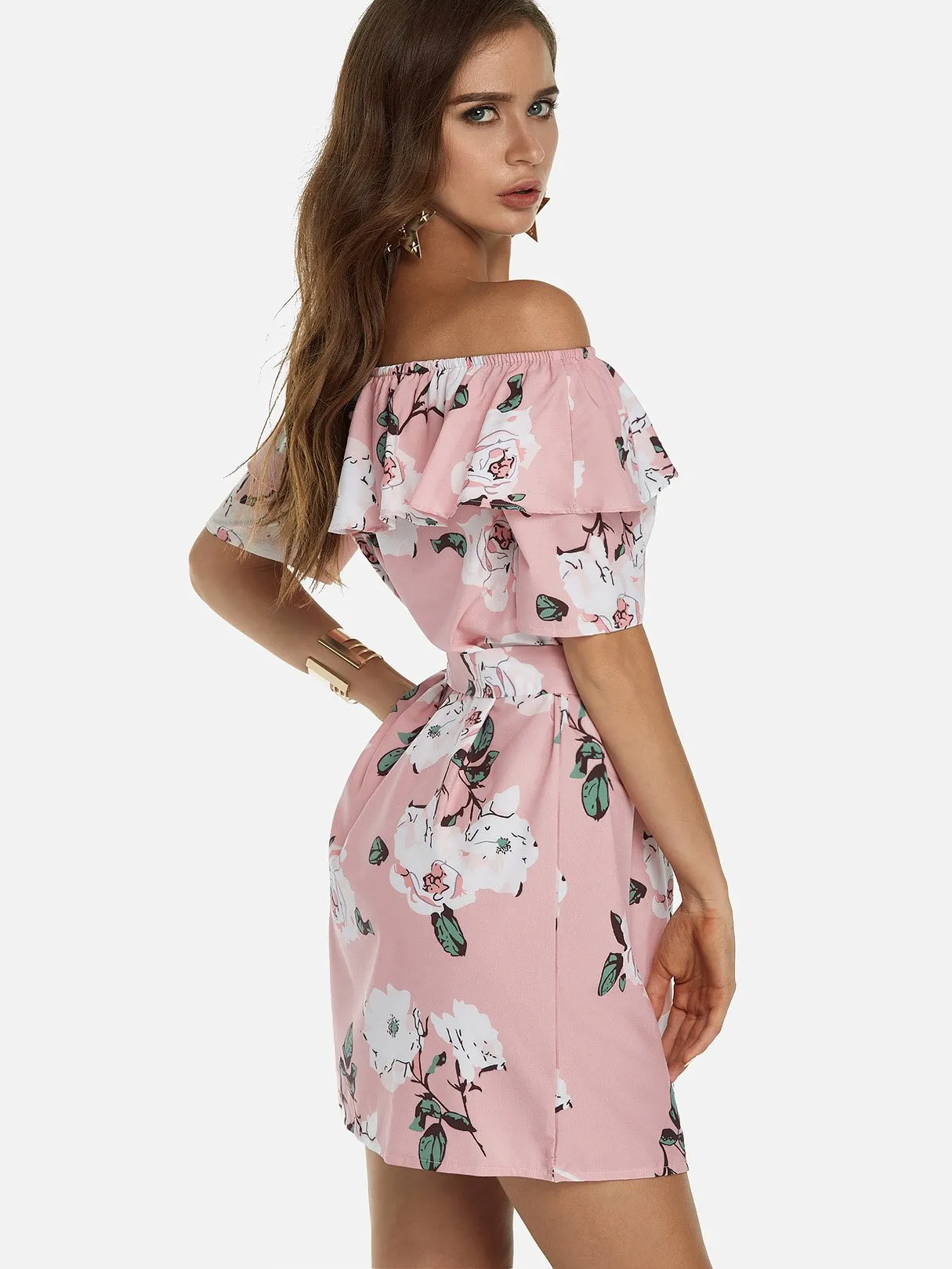 Wholesale Off The Shoulder Short Sleeve Floral Print Backless Self-Tie Flounced Hem Dresses